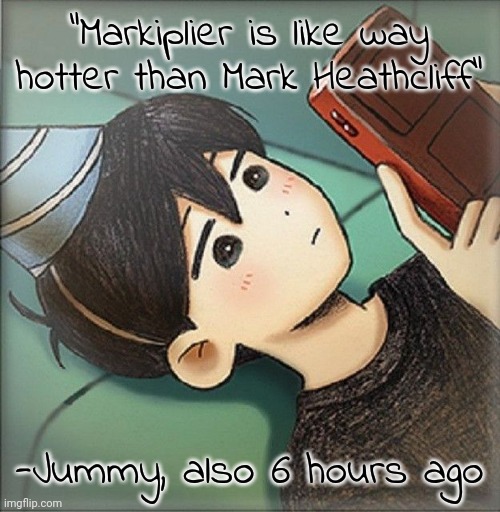 Out of context Jimmy may become a series | "Markiplier is like way hotter than Mark Heathcliff"; -Jummy, also 6 hours ago | image tagged in sunny | made w/ Imgflip meme maker