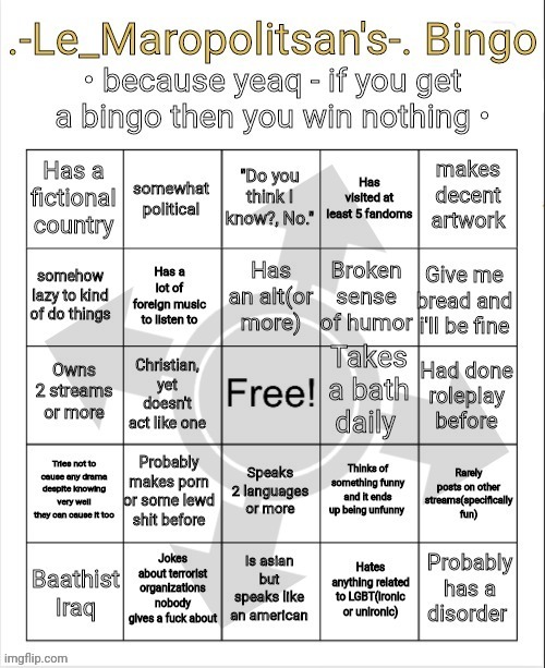 made my own bingo, bet nobody would care or ask. | made w/ Imgflip meme maker