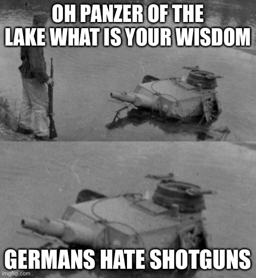 Panzer of the deep | OH PANZER OF THE LAKE WHAT IS YOUR WISDOM; GERMANS HATE SHOTGUNS | image tagged in panzer of the deep | made w/ Imgflip meme maker