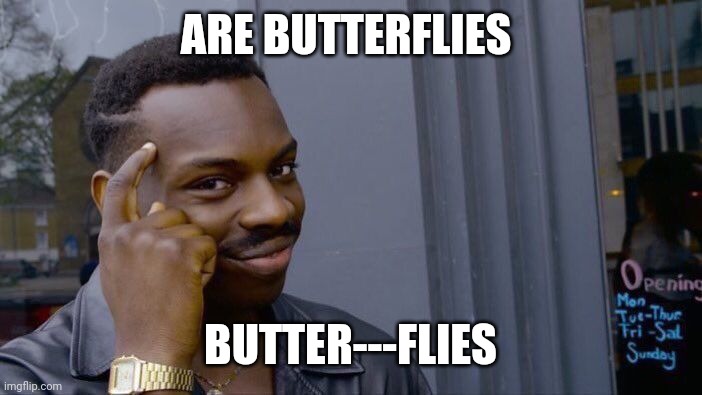 Roll Safe Think About It | ARE BUTTERFLIES; BUTTER---FLIES | image tagged in memes,roll safe think about it | made w/ Imgflip meme maker