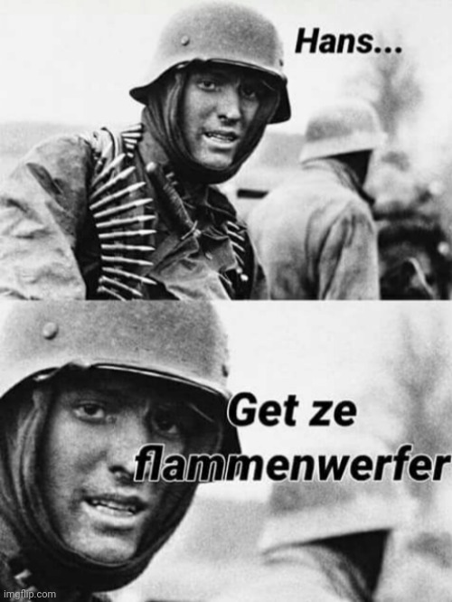 Last one | image tagged in hans get ze flammenwerfer | made w/ Imgflip meme maker