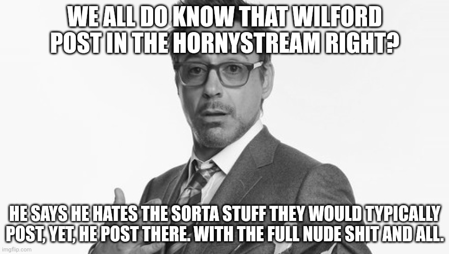 This is more of a headsup than anything else (just in case he wants to pull anymore shenanigans) | WE ALL DO KNOW THAT WILFORD POST IN THE HORNYSTREAM RIGHT? HE SAYS HE HATES THE SORTA STUFF THEY WOULD TYPICALLY POST, YET, HE POST THERE. WITH THE FULL NUDE SHIT AND ALL. | image tagged in robert downey jr's comments | made w/ Imgflip meme maker