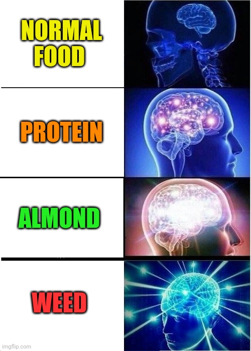Weed ?? |  NORMAL FOOD; PROTEIN; ALMOND; WEED | image tagged in food,funny,weed,life,expanding brain,memes | made w/ Imgflip meme maker