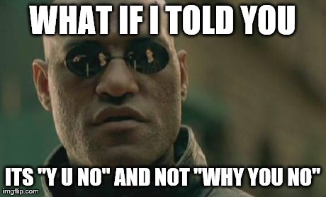 Matrix Morpheus Meme | WHAT IF I TOLD YOU ITS "Y U NO" AND NOT "WHY YOU NO" | image tagged in memes,matrix morpheus | made w/ Imgflip meme maker