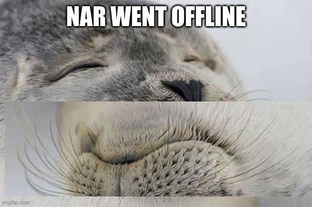Unsatisfied seal (It still looks like it's smiling :skull: -Nar) | NAR WENT OFFLINE | image tagged in memes,satisfied seal | made w/ Imgflip meme maker
