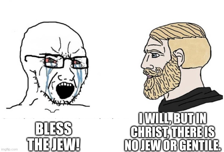 Soyboy Vs Yes Chad | I WILL, BUT IN CHRIST, THERE IS NO JEW OR GENTILE. BLESS THE JEW! | image tagged in soyboy vs yes chad | made w/ Imgflip meme maker
