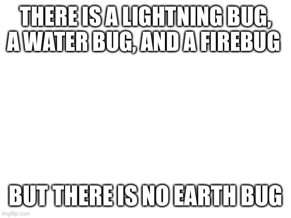 Blank White Template | THERE IS A LIGHTNING BUG, A WATER BUG, AND A FIREBUG; BUT THERE IS NO EARTH BUG | image tagged in blank white template | made w/ Imgflip meme maker