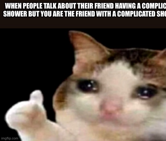 I love teaching my friends how to use my shower | WHEN PEOPLE TALK ABOUT THEIR FRIEND HAVING A COMPLICATED SHOWER BUT YOU ARE THE FRIEND WITH A COMPLICATED SHOWER: | image tagged in sad cat thumbs up,shower,friend | made w/ Imgflip meme maker