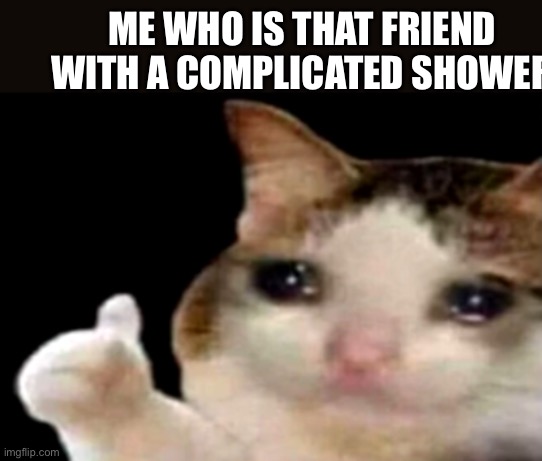 Sad cat thumbs up | ME WHO IS THAT FRIEND WITH A COMPLICATED SHOWER | image tagged in sad cat thumbs up | made w/ Imgflip meme maker