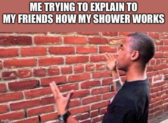Well we'll we'll how the turntables | ME TRYING TO EXPLAIN TO MY FRIENDS HOW MY SHOWER WORKS | image tagged in brick wall,well well well how the turn tables,feiwnd,shower,funny | made w/ Imgflip meme maker