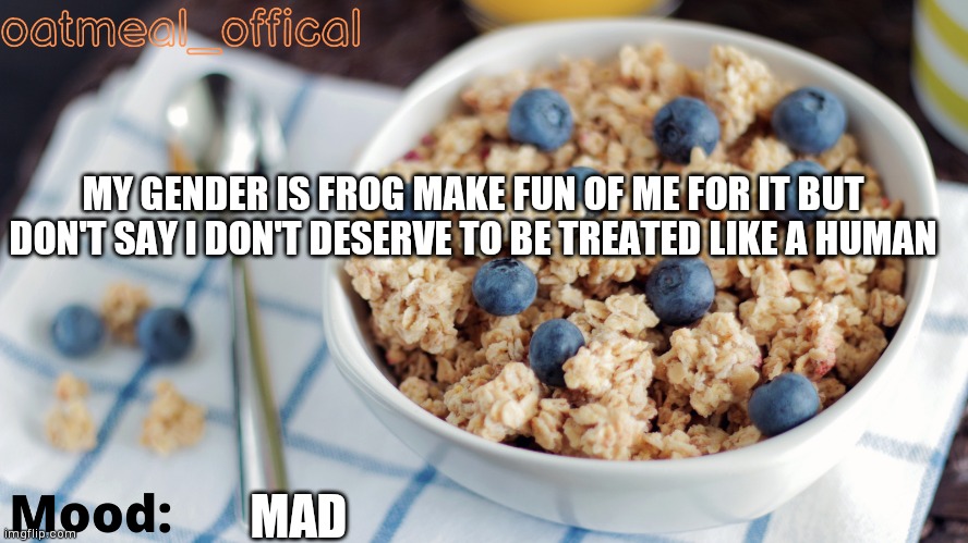 (cinna: im banning you){ShadeLord: yay} | MY GENDER IS FROG MAKE FUN OF ME FOR IT BUT DON'T SAY I DON'T DESERVE TO BE TREATED LIKE A HUMAN; MAD | image tagged in the oat temp | made w/ Imgflip meme maker