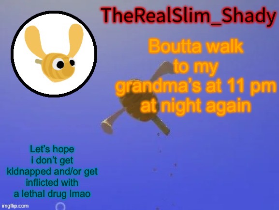 Shady’s hunnabee temp (thanks carlos) | Boutta walk to my grandma’s at 11 pm at night again; Let’s hope i don’t get kidnapped and/or get inflicted with a lethal drug lmao | image tagged in shady s hunnabee temp thanks carlos | made w/ Imgflip meme maker