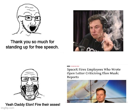 Dictatorship of the workplace is real. | Thank you so much for standing up for free speech. Yeah Daddy Elon! Fire their asses! | image tagged in elon musk,free speech,1st amendment,spacex,capitalism | made w/ Imgflip meme maker