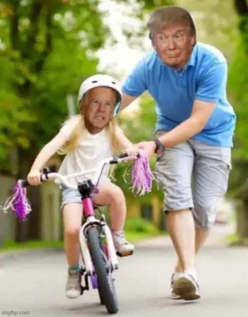 Trump helping little joey to learn how to ride a Bike LOL | image tagged in joe biden,donald trump,bike fall | made w/ Imgflip meme maker