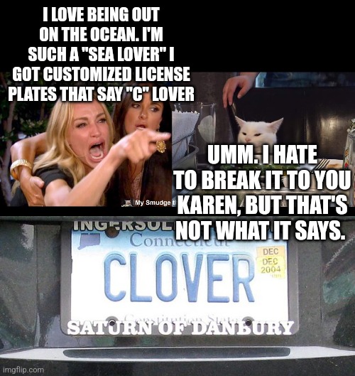 I LOVE BEING OUT ON THE OCEAN. I'M SUCH A "SEA LOVER" I GOT CUSTOMIZED LICENSE PLATES THAT SAY "C" LOVER; UMM. I HATE TO BREAK IT TO YOU KAREN, BUT THAT'S NOT WHAT IT SAYS. | image tagged in smudge the cat | made w/ Imgflip meme maker