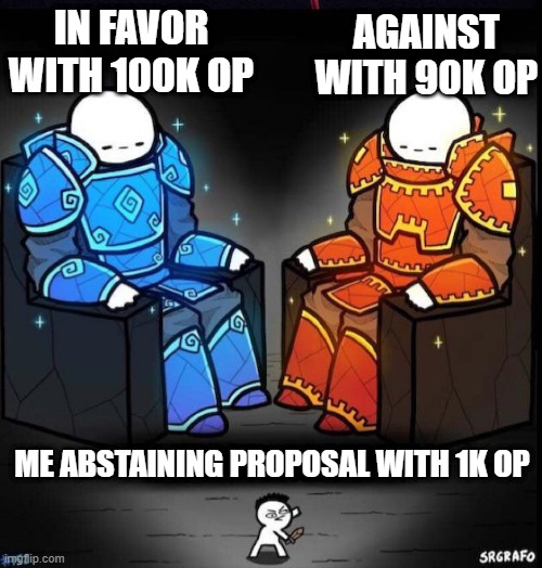 Blue Giant Orange Giant | AGAINST WITH 90K OP; IN FAVOR WITH 100K OP; ME ABSTAINING PROPOSAL WITH 1K OP | image tagged in blue giant orange giant | made w/ Imgflip meme maker