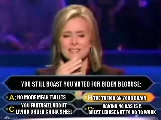 Dumb Quiz Game Show Contestant |  YOU STILL BOAST YOU VOTED FOR BIDEN BECAUSE:; NO MORE MEAN TWEETS; THE TUMOR ON YOUR BRAIN; YOU FANTASIZE ABOUT LIVING UNDER CHINA'S HEEL; HAVING NO GAS IS A GREAT EXCUSE NOT TO GO TO WORK | image tagged in dumb quiz game show contestant,joe biden,stupid liberals,biden economy,biden fail,political humor | made w/ Imgflip meme maker