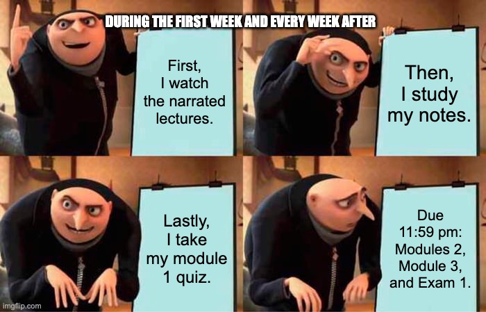 Microbiology Meme | DURING THE FIRST WEEK AND EVERY WEEK AFTER; First, I watch the narrated lectures. Then, I study my notes. Lastly, I take my module 1 quiz. Due 11:59 pm: Modules 2, Module 3, and Exam 1. | image tagged in memes,gru's plan | made w/ Imgflip meme maker