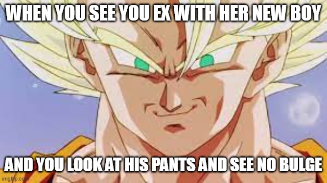 Low power level | WHEN YOU SEE YOU EX WITH HER NEW BOY; AND YOU LOOK AT HIS PANTS AND SEE NO BULGE | image tagged in dragonball z,dbz | made w/ Imgflip meme maker