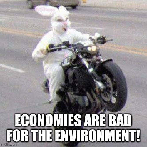 Funny bunny motorcycle wheelie | ECONOMIES ARE BAD FOR THE ENVIRONMENT! | image tagged in funny bunny motorcycle wheelie | made w/ Imgflip meme maker