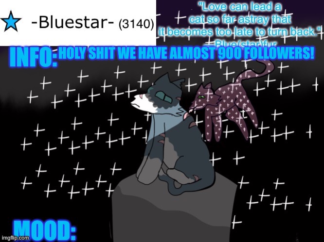 :) | HOLY SHIT WE HAVE ALMOST 900 FOLLOWERS! | image tagged in -bluestar- announcement template | made w/ Imgflip meme maker
