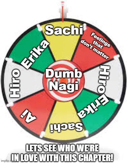 Spinning Wheel | Sachi; Feelings that don't matter; Erika; Dumb Nagi; Hiro; Hiro; Erika; Ai; Sachi; LETS SEE WHO WE'RE IN LOVE WITH THIS CHAPTER! | image tagged in spinning wheel | made w/ Imgflip meme maker