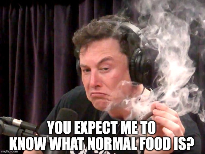 Elon Musk Weed | YOU EXPECT ME TO KNOW WHAT NORMAL FOOD IS? | image tagged in elon musk weed | made w/ Imgflip meme maker