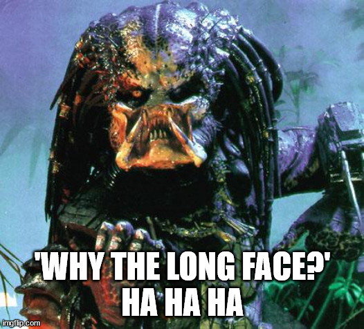 predator | 'WHY THE LONG FACE?'
HA HA HA | image tagged in predator | made w/ Imgflip meme maker