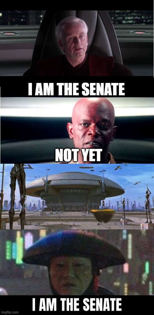 When you literally become the Senate. | I AM THE SENATE; NOT YET | image tagged in i am the senate - not yet,obiwan,mace windu,palpatine,senate,lol | made w/ Imgflip meme maker