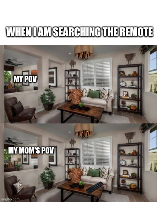 WHEN I AM SEARCHING THE REMOTE; MY POV; MY MOM'S POV | image tagged in blank white template | made w/ Imgflip meme maker