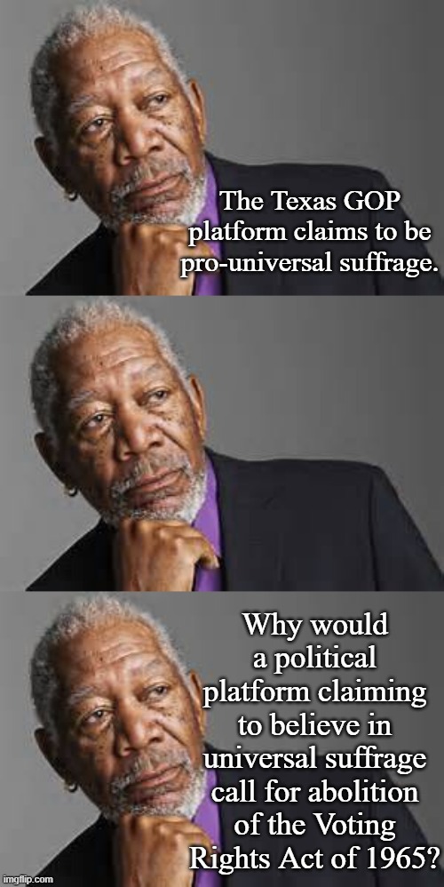 The math isn't working out | The Texas GOP platform claims to be pro-universal suffrage. Why would a political platform claiming to believe in universal suffrage call for abolition of the Voting Rights Act of 1965? | image tagged in deep thoughts by morgan freeman | made w/ Imgflip meme maker