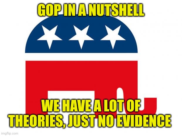 Republican | GOP IN A NUTSHELL; WE HAVE A LOT OF THEORIES, JUST NO EVIDENCE | image tagged in republican | made w/ Imgflip meme maker