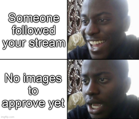 Why | Someone followed your stream; No images to approve yet | image tagged in happy / shock | made w/ Imgflip meme maker