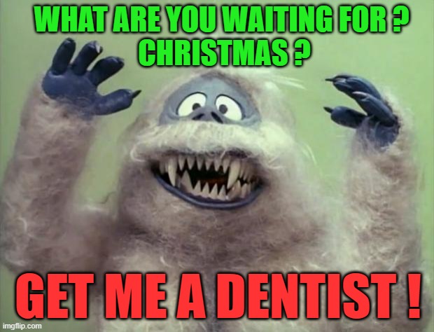 Sixties flashback | WHAT ARE YOU WAITING FOR ?
 CHRISTMAS ? GET ME A DENTIST ! | image tagged in abominable snowman,dentist,teeth,waiting,christmas,1960's | made w/ Imgflip meme maker