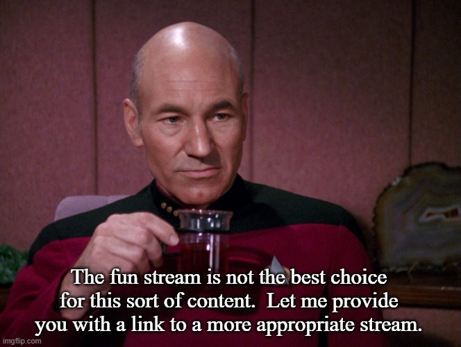 Picard Earl Grey tea | The fun stream is not the best choice for this sort of content.  Let me provide you with a link to a more appropriate stream. | image tagged in picard earl grey tea | made w/ Imgflip meme maker