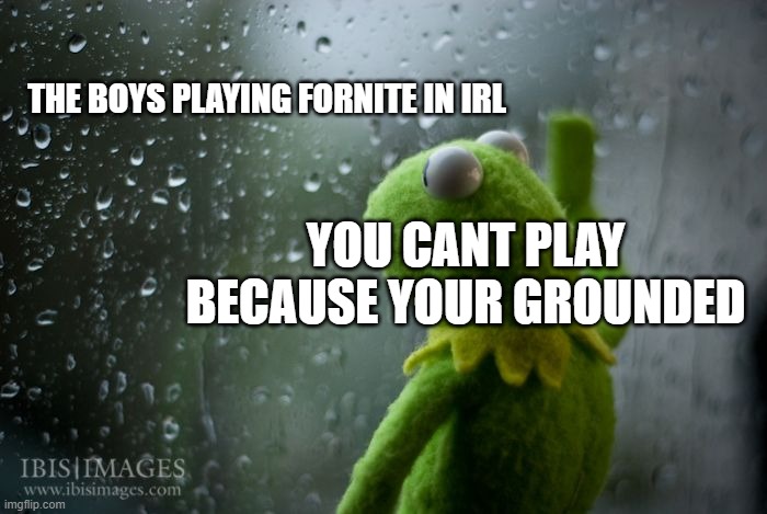 kermit window | THE BOYS PLAYING FORNITE IN IRL; YOU CANT PLAY BECAUSE YOUR GROUNDED | image tagged in kermit window,fortnite | made w/ Imgflip meme maker