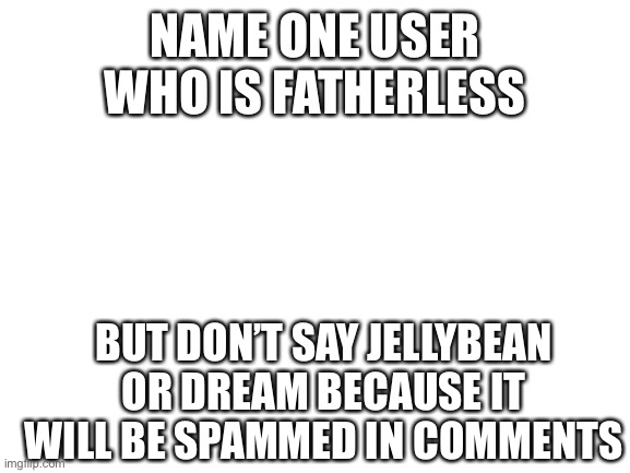 Who is it | NAME ONE USER WHO IS FATHERLESS; BUT DON’T SAY JELLYBEAN OR DREAM BECAUSE IT WILL BE SPAMMED IN COMMENTS | image tagged in blank white template | made w/ Imgflip meme maker