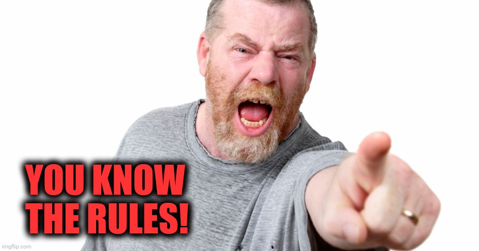 angry man shouting and pointing | YOU KNOW THE RULES! | image tagged in angry man shouting and pointing | made w/ Imgflip meme maker