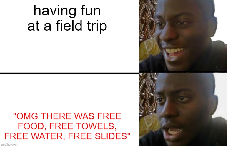 idkk | having fun at a field trip; "OMG THERE WAS FREE FOOD, FREE TOWELS, FREE WATER, FREE SLIDES" | image tagged in disappointed black guy,idk,idk rlly | made w/ Imgflip meme maker