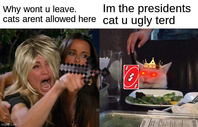 Woman Yelling At Cat Meme | Why wont u leave. cats arent allowed here; Im the presidents cat u ugly terd | image tagged in memes,woman yelling at cat | made w/ Imgflip meme maker