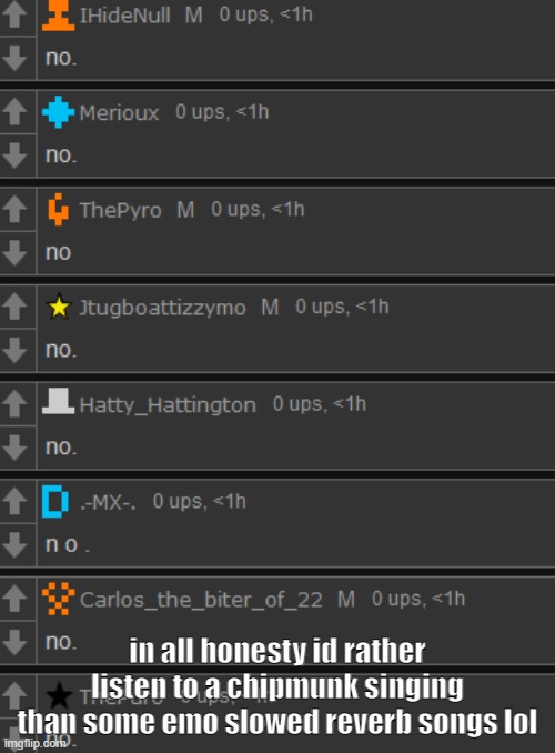 no | in all honesty id rather listen to a chipmunk singing than some emo slowed reverb songs lol | image tagged in no | made w/ Imgflip meme maker