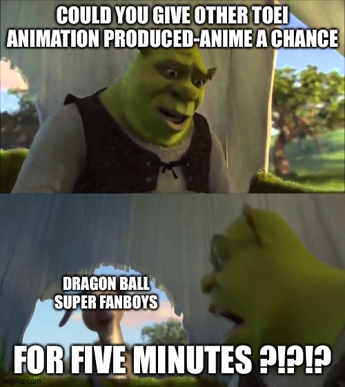 There is more to Toei animation than just Dragon Ball super | COULD YOU GIVE OTHER TOEI ANIMATION PRODUCED-ANIME A CHANCE; DRAGON BALL SUPER FANBOYS; FOR FIVE MINUTES ?!?!? | image tagged in shrek five minutes | made w/ Imgflip meme maker