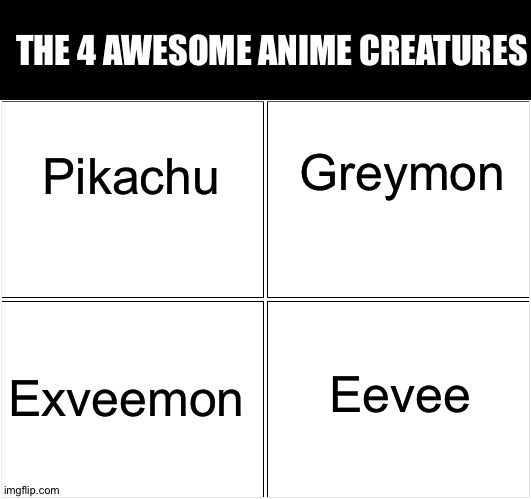 Blank Comic Panel 2x2 | THE 4 AWESOME ANIME CREATURES; Greymon; Pikachu; Eevee; Exveemon | image tagged in memes,blank comic panel 2x2 | made w/ Imgflip meme maker