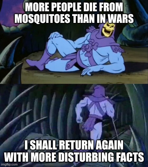 Disturbing facts pt. 2 | MORE PEOPLE DIE FROM MOSQUITOES THAN IN WARS; I SHALL RETURN AGAIN WITH MORE DISTURBING FACTS | image tagged in skeletor disturbing facts | made w/ Imgflip meme maker