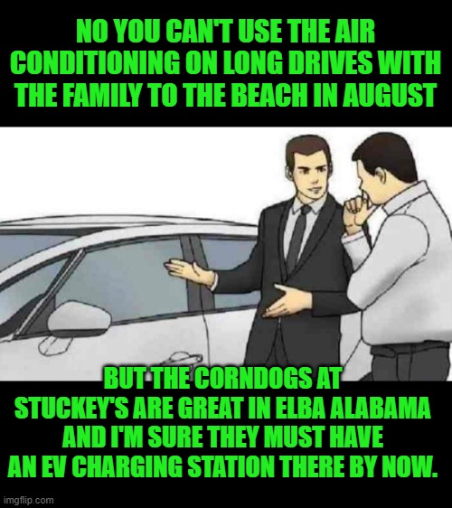yep | NO YOU CAN'T USE THE AIR CONDITIONING ON LONG DRIVES WITH THE FAMILY TO THE BEACH IN AUGUST; BUT THE CORNDOGS AT STUCKEY'S ARE GREAT IN ELBA ALABAMA AND I'M SURE THEY MUST HAVE AN EV CHARGING STATION THERE BY NOW. | image tagged in memes,car salesman slaps roof of car | made w/ Imgflip meme maker