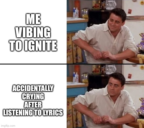This actually happened | ME VIBING TO IGNITE; ACCIDENTALLY CRYING AFTER LISTENING TO LYRICS | image tagged in surprised joey | made w/ Imgflip meme maker