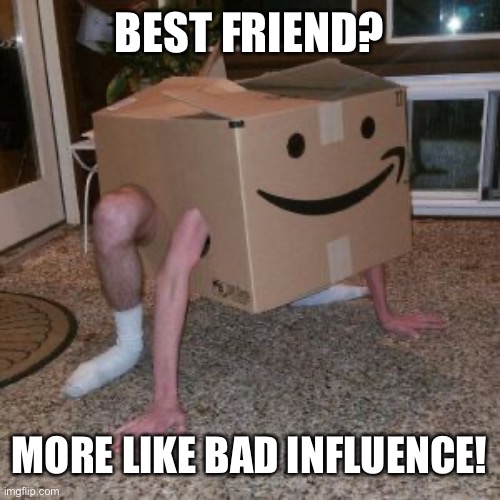 Amazon Box Guy | BEST FRIEND? MORE LIKE BAD INFLUENCE! | image tagged in amazon box guy | made w/ Imgflip meme maker