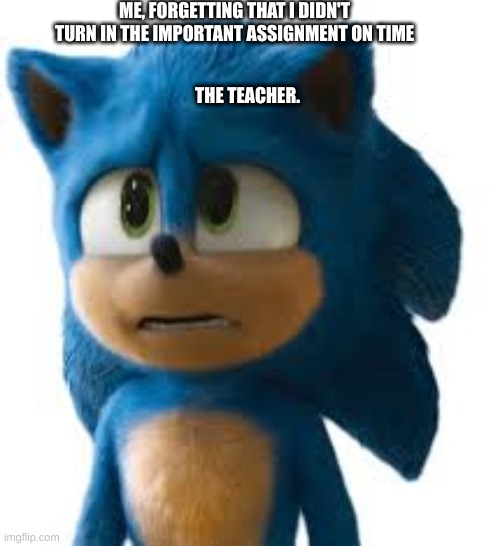 Memes about schoolwork | ME, FORGETTING THAT I DIDN'T TURN IN THE IMPORTANT ASSIGNMENT ON TIME; THE TEACHER. | image tagged in school | made w/ Imgflip meme maker