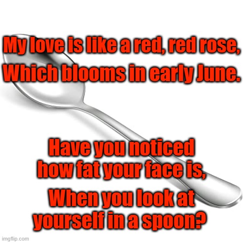 Spoon | My love is like a red, red rose, Which blooms in early June. Have you noticed how fat your face is, When you look at yourself in a spoon? | image tagged in spoon | made w/ Imgflip meme maker