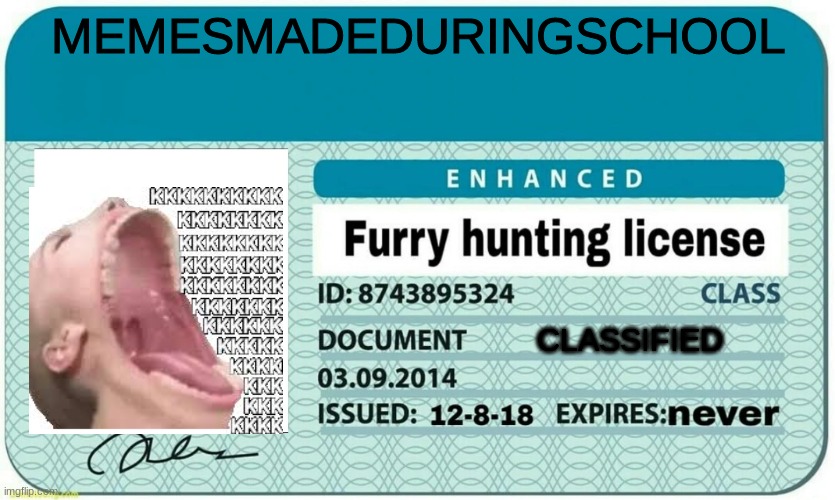 Am I able to join? | MEMESMADEDURINGSCHOOL; CLASSIFIED | image tagged in furry hunting license | made w/ Imgflip meme maker
